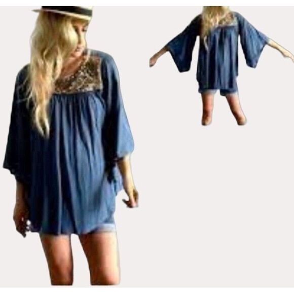 Deletta Anthropologie Josephine Boho Bead Embellished Peasant Blouse Top Blue S - Picture 2 of 8